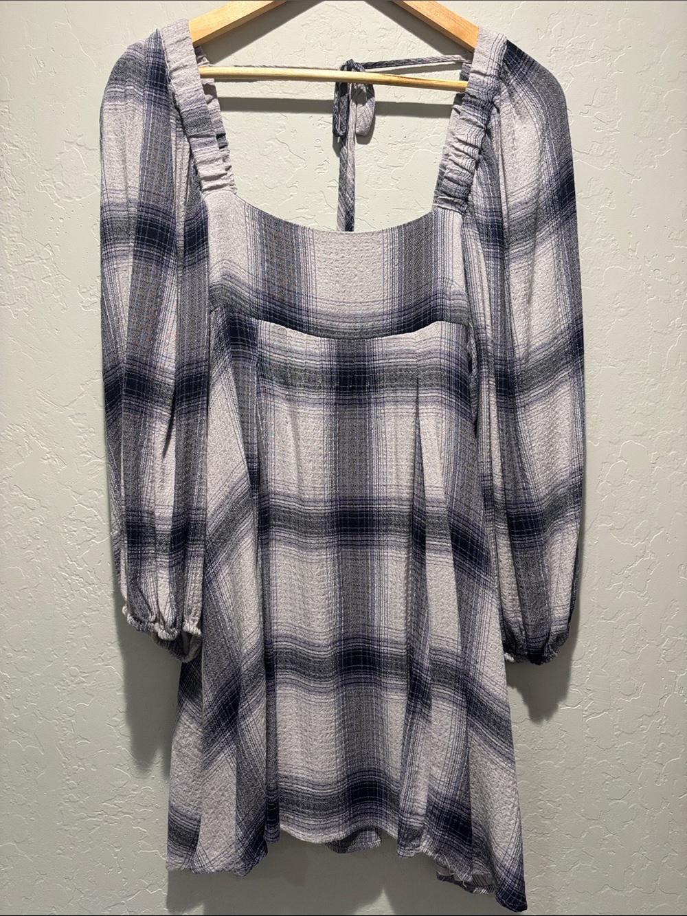 Urban Outfitters Navy and White Plaid Long-Sleeve Mini Dress